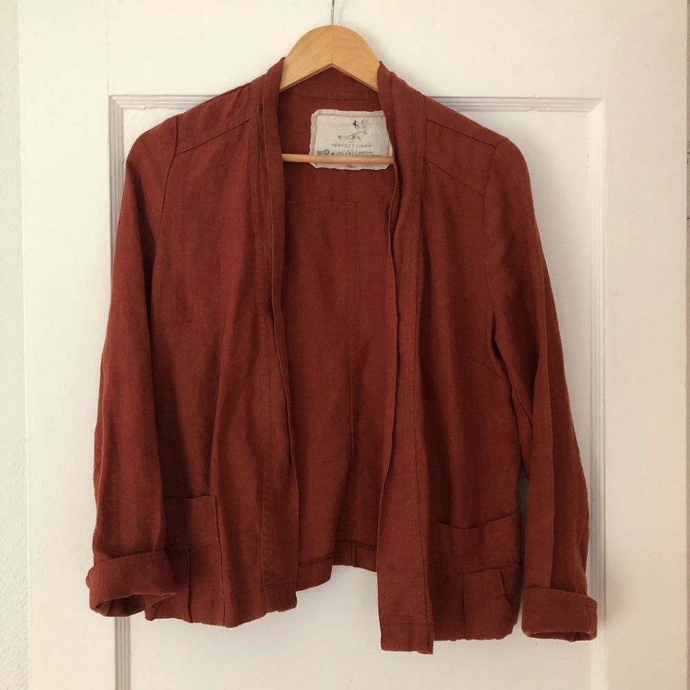 Women's Not Perfect Linen Rust Open Jacket Blazer Small